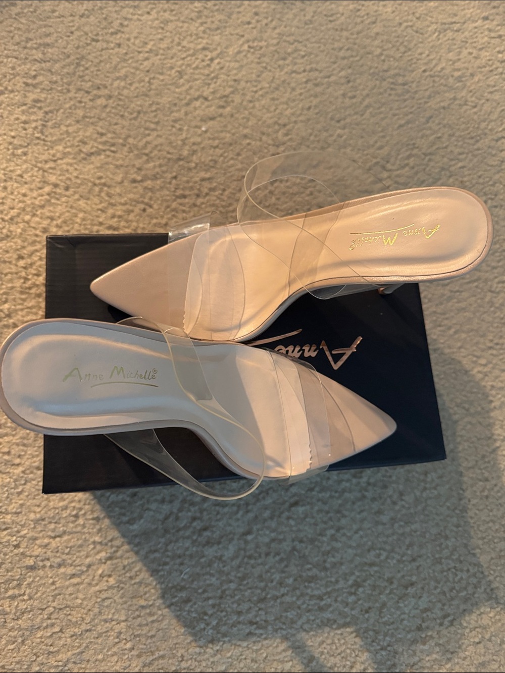 Anne Michelle Clear-Strap Pointed Toe Mules in Nude